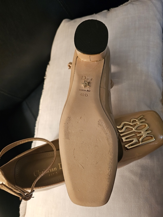 Dior Shoes - Dior Nude Patent Leather Mary Jane Pumps with Gold Logo